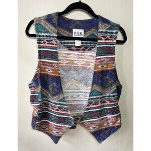D.A.K. Knit Terry Sweater Vest Geometric Pattern V-Neck Tie Multicolor Medium